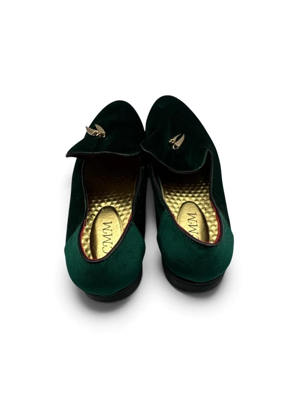 CMM Mens Emerald Green Velvet Loafers Gold Fang Slip On Shoes 11” Insole 10.5 11